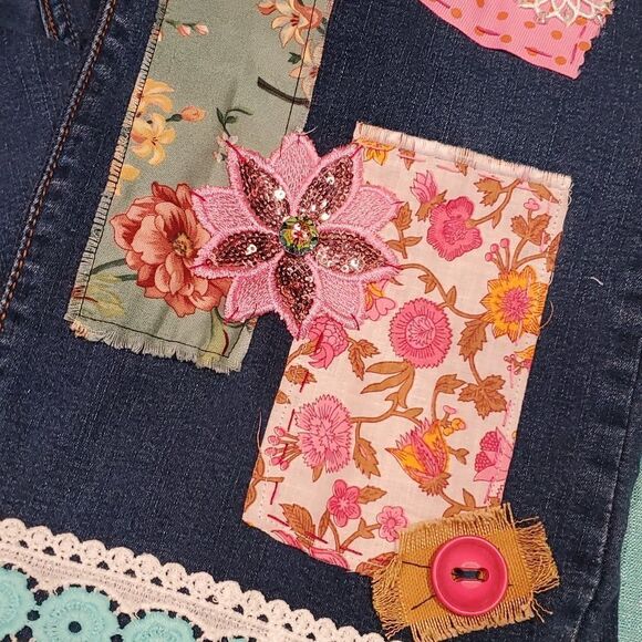 Upcycled Levi's Mushrooms Birds Florals Lace Hand Stitched Jeans Sz 14 1023 - Picture 11 of 12